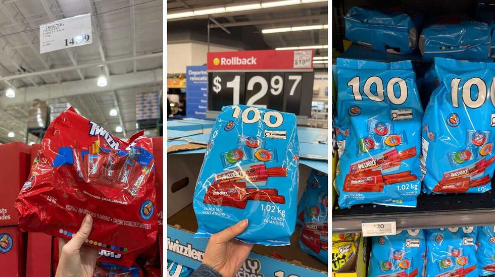 person holding bag of Twizzlers at Costco. Centre: person holding bag of Twizzlers and Jolly Rancher gummies at Walmart. Right: bags of Twizzlers and Jolly Rancher gummies at Loblaws.