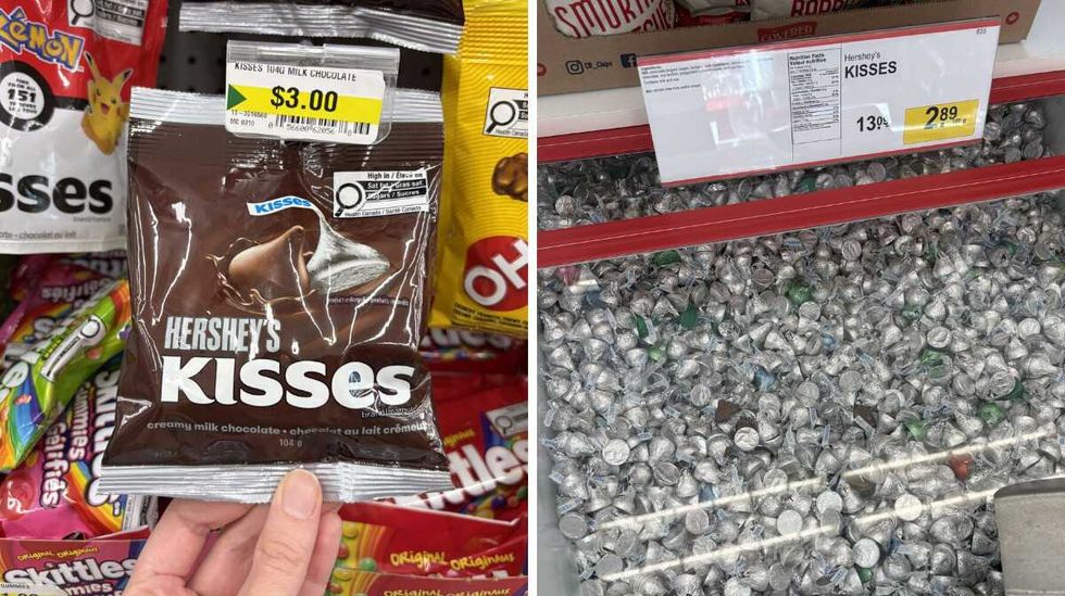 person holding bag of \u200b\u200bHershey's Kisses at Dollarama. Right: bin of Hershey's Kisses at Bulk Barn