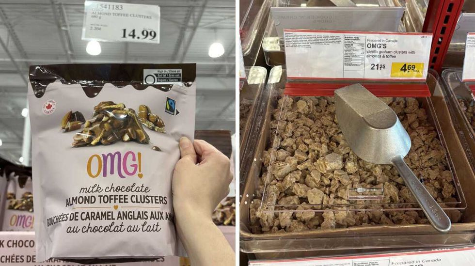 person holding bag of \u200b\u200bOMG almond toffee clusters at Costco. Right: bin of OMG almond toffee clusters at Bulk Barn.