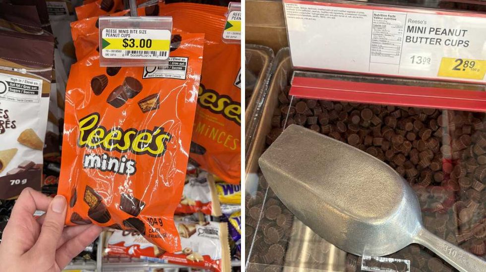 person holding bag of \u200b\u200bReese's Minis at Dollarama. Right: bin of Reese's Minis peanut butter cups at Bulk Barn