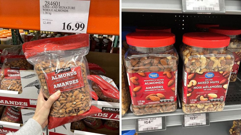 person holding bag of \u200bKirkland Signature almonds at Costco. Right: tubs of Great Value almonds at Walmart