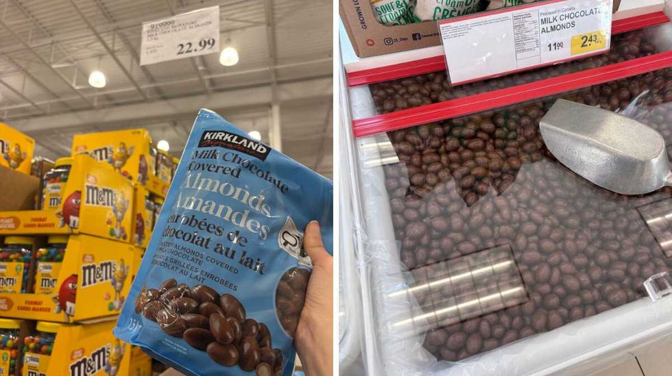 person holding bag of \u200bKirkland Signature chocolate-covered almonds at Costco. Right: bin of Chocolate-covered almonds at Bulk Barn