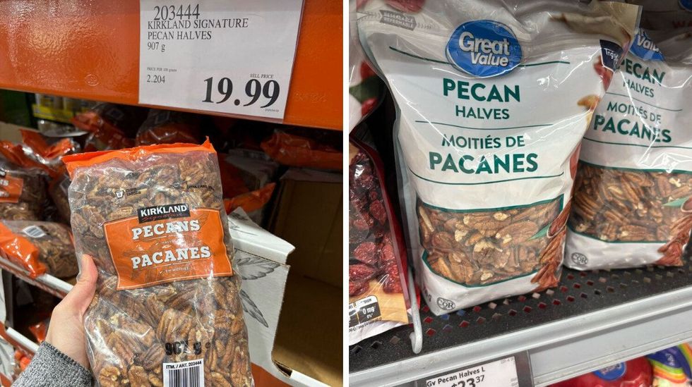 person holding bag of \u200bKirkland Signature pecans. Right: bag of Great Value pecans.