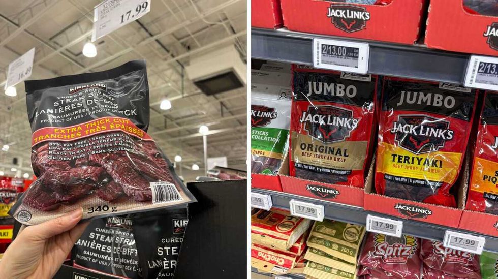 person holding bag of \u200bKirkland Signature steak strips. Right: bags of Jack Link's beef jerky at Loblaws.