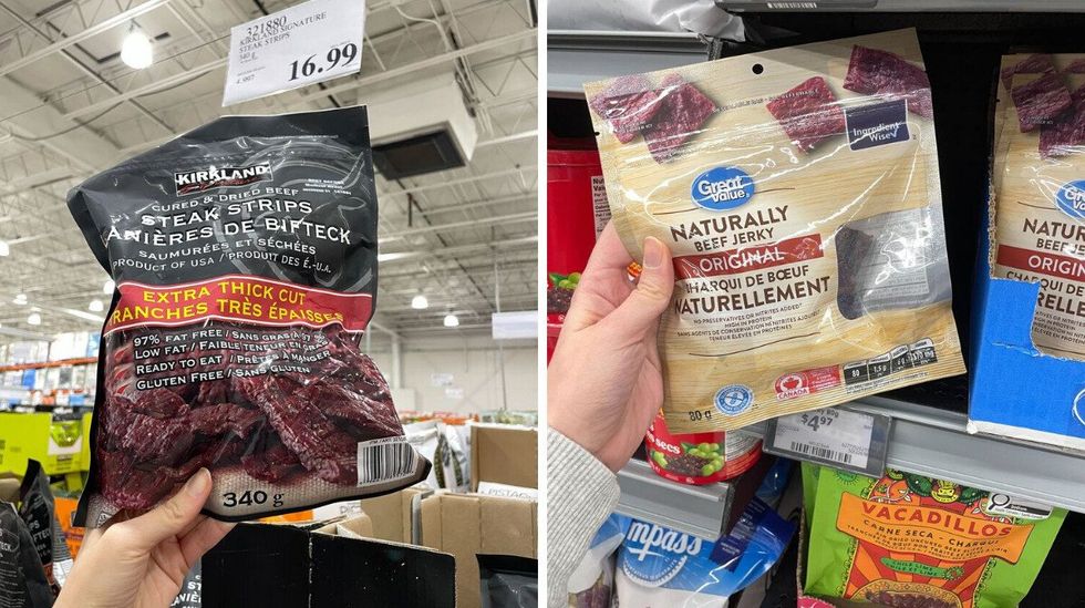 person holding bag of \u200bKirkland Signature steak strips. Right: person holding bag of Great Value beef jerky