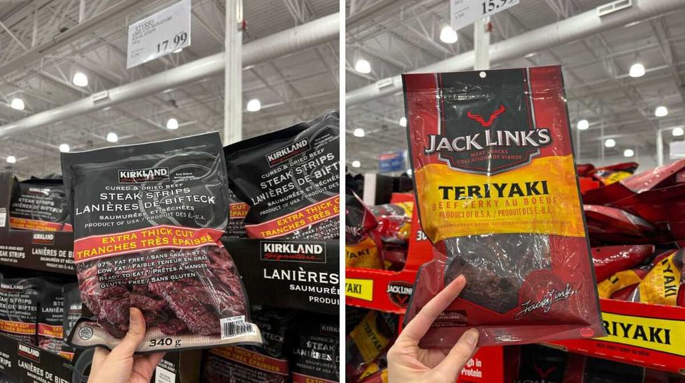 person holding bag of \u200bKirkland Signature steak strips. Right: person holding bag of Jack Link's beef jerky at Costco.