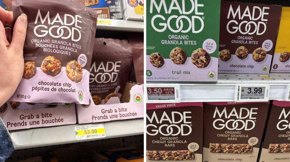 person holding bag of \u200bMade Good granola bites at Dollarama. Right: boxes of Made Good granola bites at Loblaws.