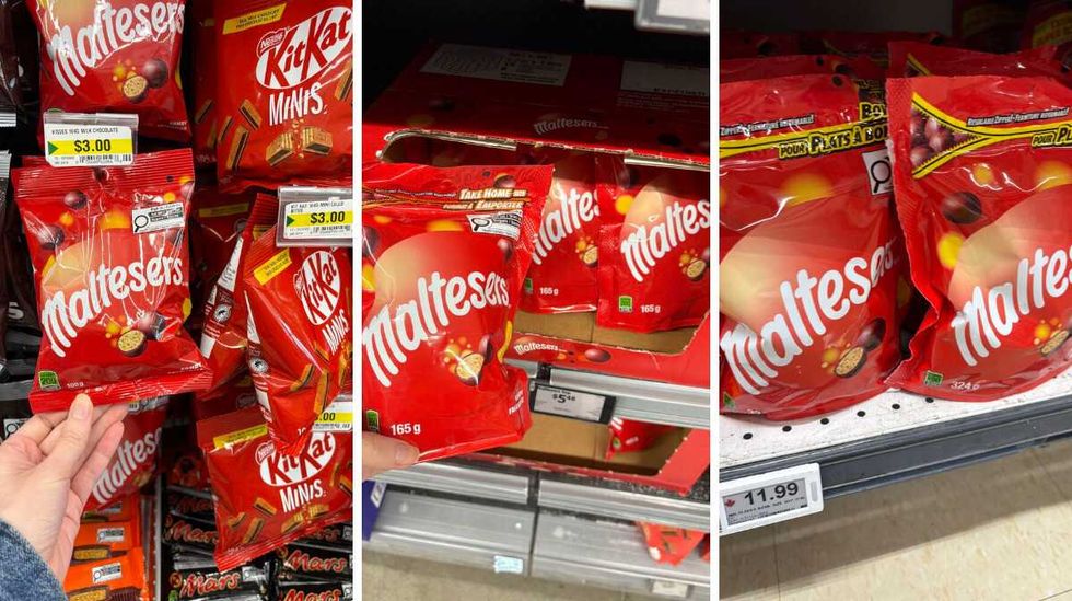 person holding bag of \u200bMaltesers at Dollarama. Centre: person holding bag of Maltesers at Walmart. Right: bags of Maltesers at Loblaws.