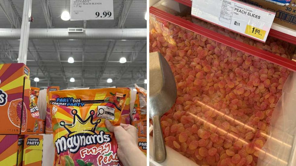 person holding bag of \u200bMaynards fuzzy peach slices at Costco. Right: bin of Peach slices at Bulk Barn.
