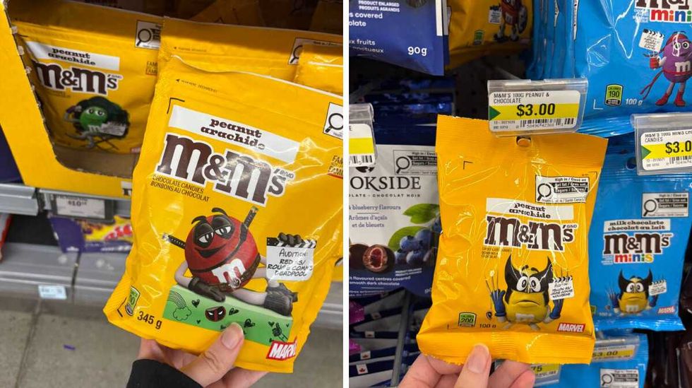 person holding bag of \u200bPeanut M&M's at Walmart. Right: person holding bag of Peanut M&M's at Dollarama.