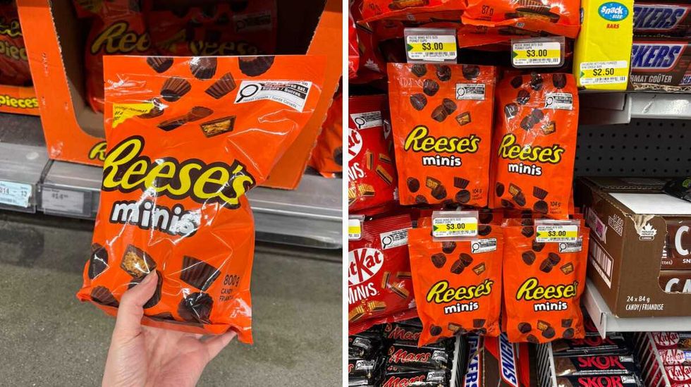 person holding bag of \u200bReese's Minis at Walmart. Right: bags of Reese's Minis at Dollarama.
