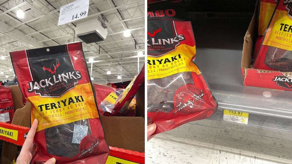 person holding bags of jack kink's beef jerky at costco and walmart