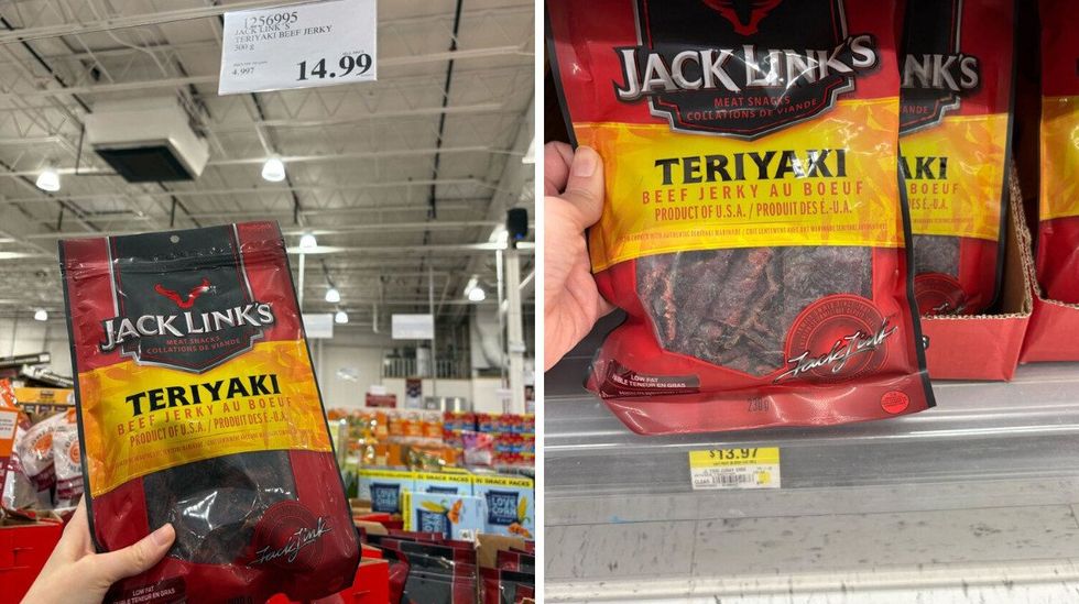 person holding bags of jack link's teriyaki flavoured beef jerky at costco and walmart