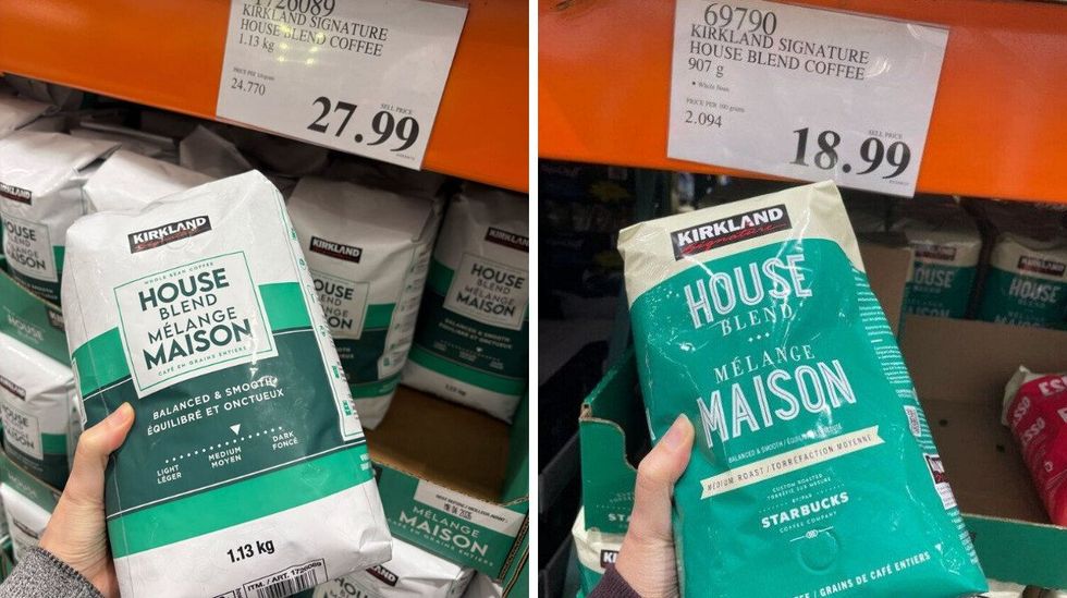 person holding bags of kirkland signature house blend coffee in 2025 and 2023