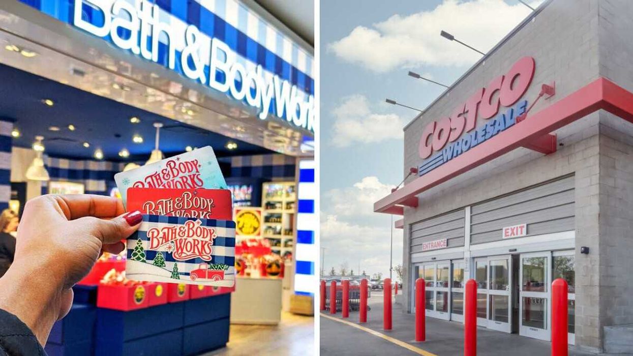 person holding bath and body works card in front of a store. right: exterior of costco store in canada