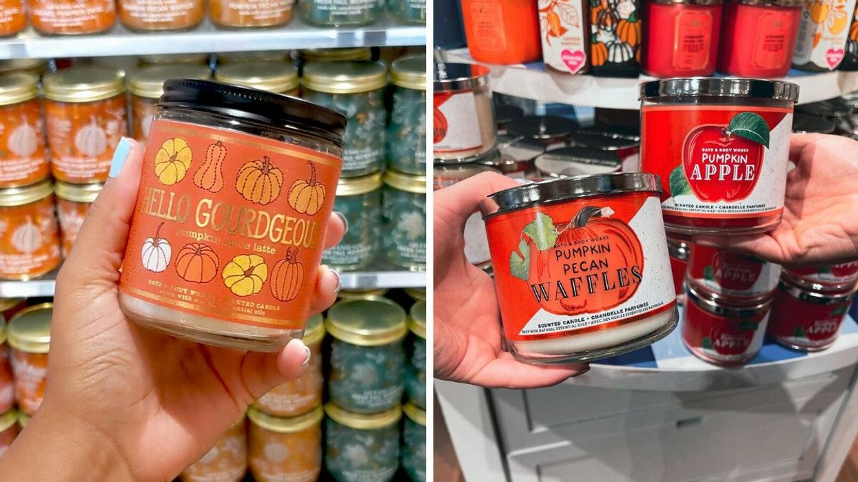 person holding bath and body works fall single wick candle. right: people holding bath and body works fall three wick candles