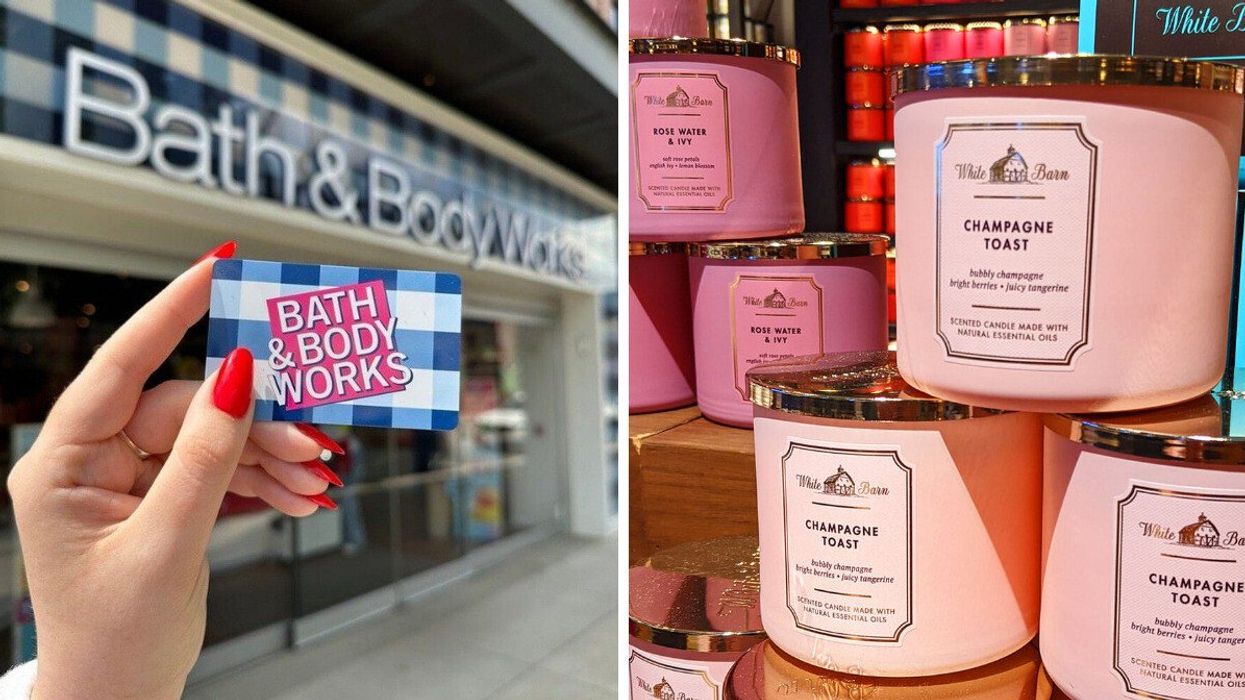 person holding bath and body works gift card in front of a store. right: stack of bath and body works three wick candles