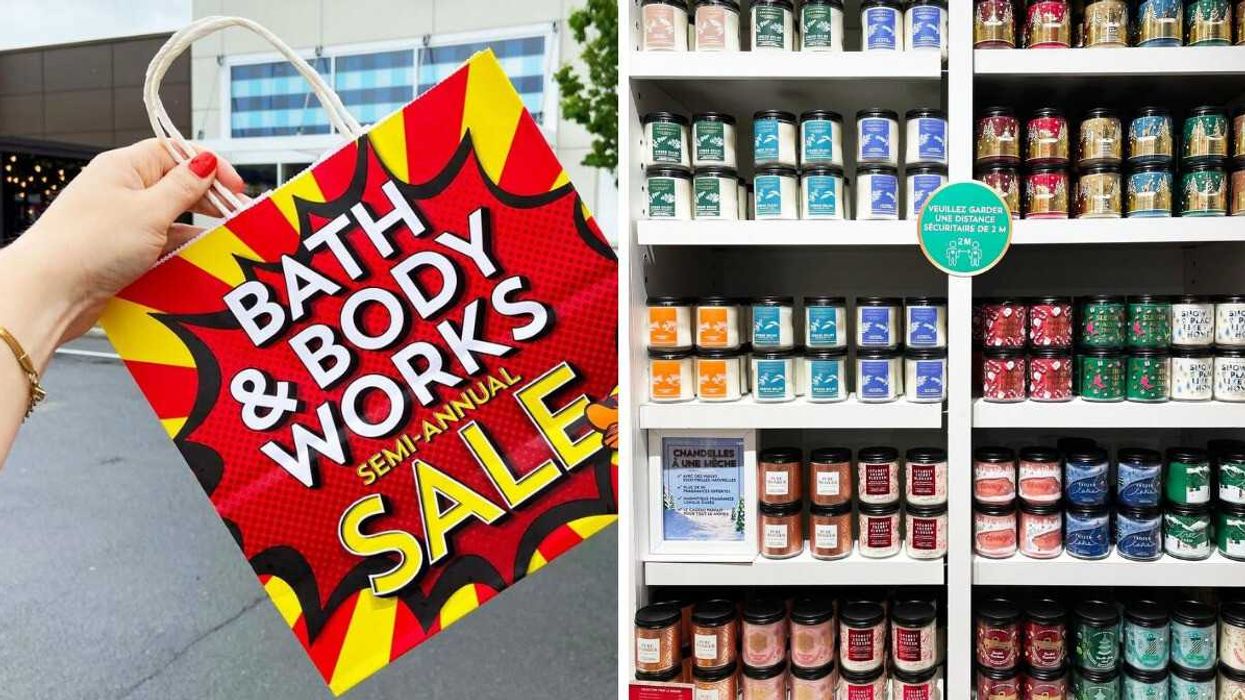 person holding bath and body works semi annual sale bag. right: bath and body works single wick candles on shelves in a store