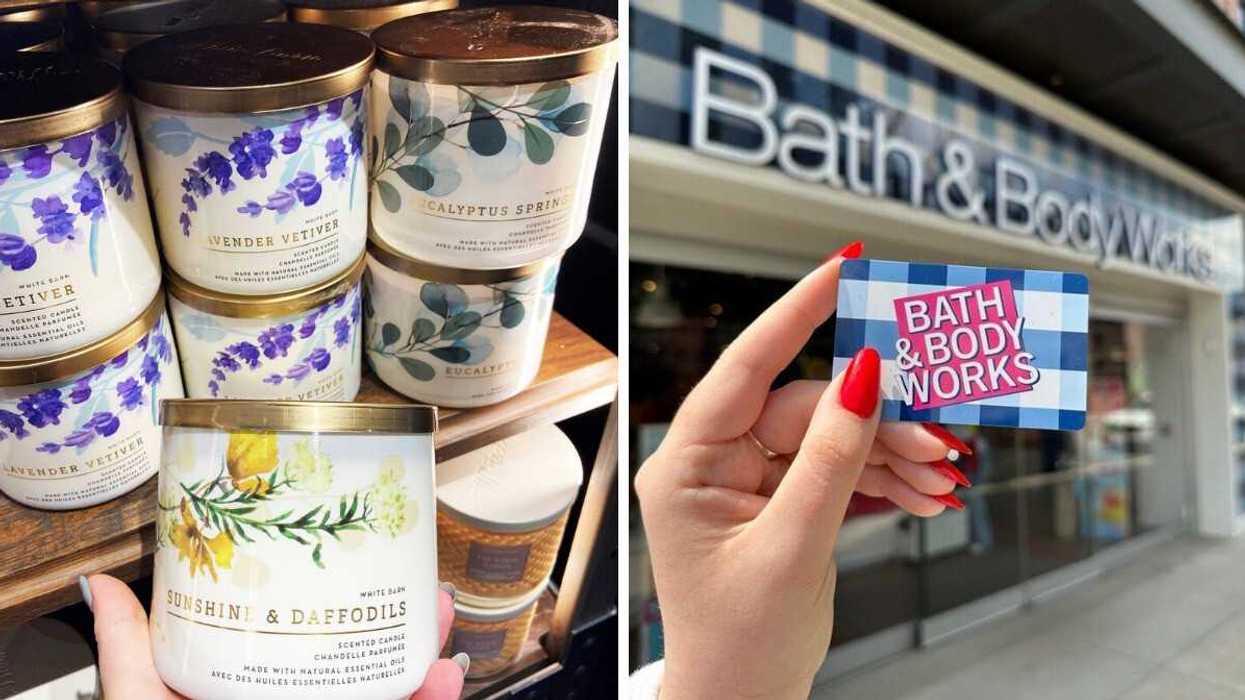 person holding bath and body works three wick candle in front of store display. right: person holding bath and body works card outside of a store