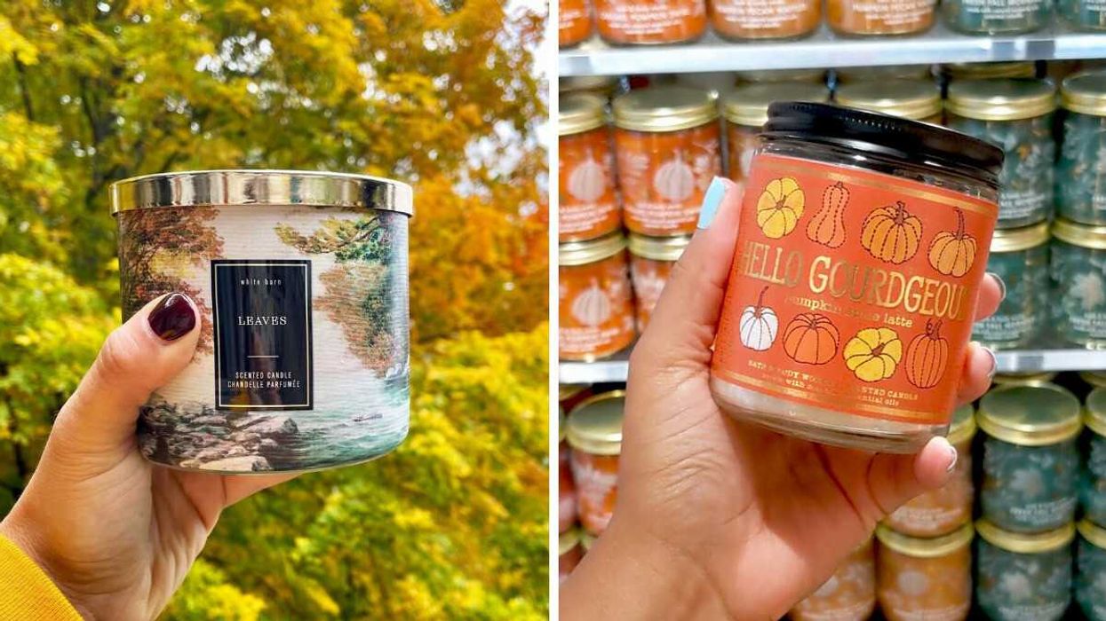 person holding bath and body works three wick candle. right: person holding bath and body works single wick candle in a store