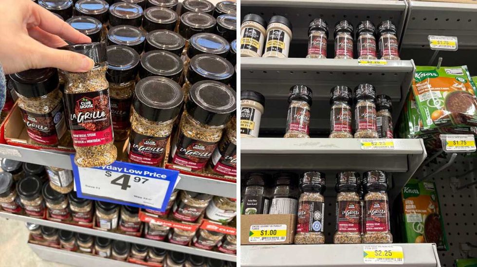 person holding bottle of Club House Montreal steak spice at Walmart. Right: bottles of Club House Montreal steak spice at Dollarama.