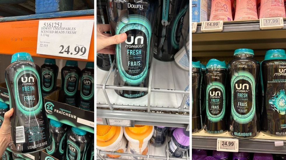 person holding bottle of downy unstopables laundry beads at costco. centre: bottle of downy unstopables laundry beads at walmart. right: bottles of downy unstopables laundry beads at loblaws
