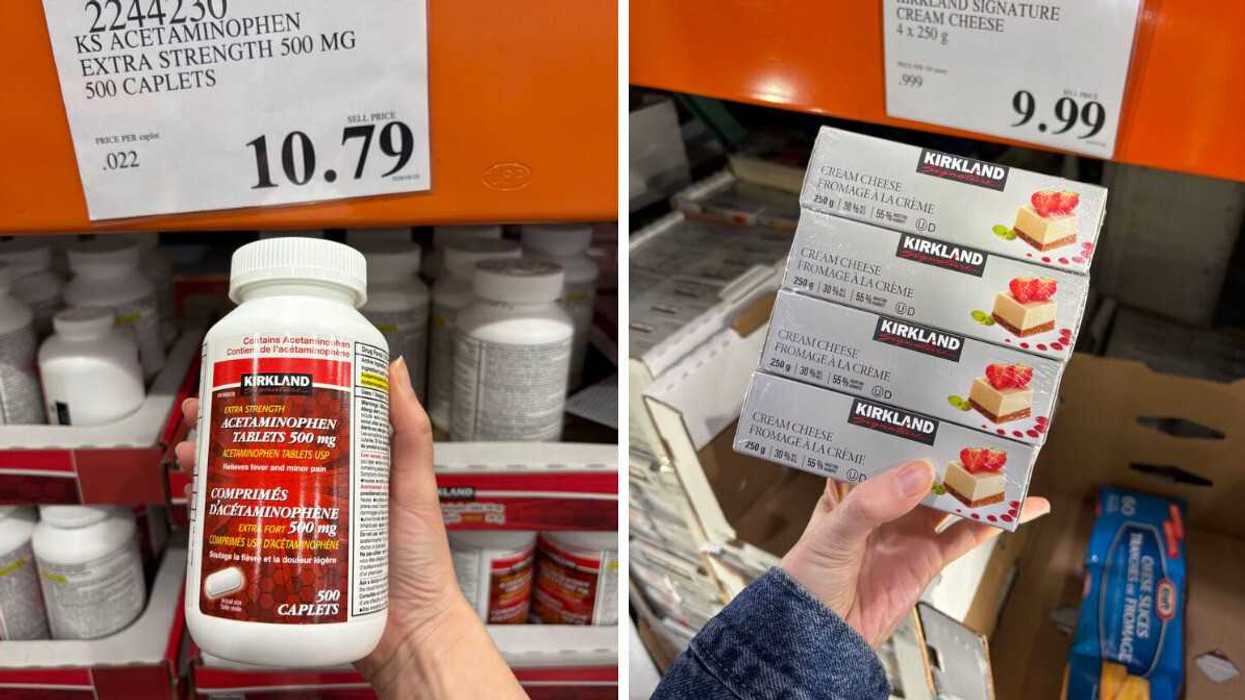 person holding bottle of kirkland signature acetaminophen at costco. right: person holding pack of kirkland signature cream cheese at costco