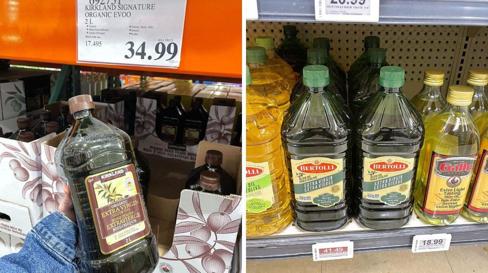 person holding bottle of kirkland signature at costco. right: bertolli olive oil at loblaws