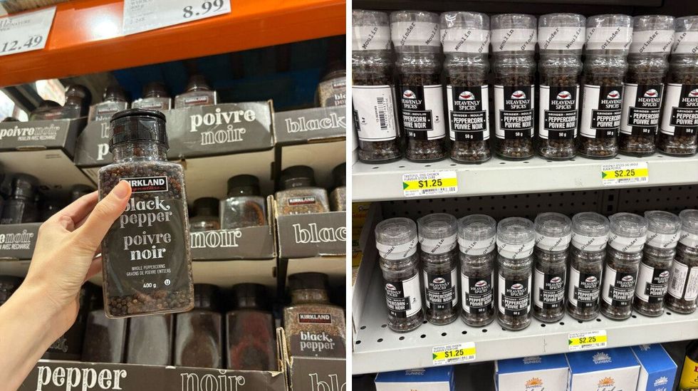 person holding bottle of Kirkland Signature black peppercorns at costco. right: bottles of black peppercorns at dollarama