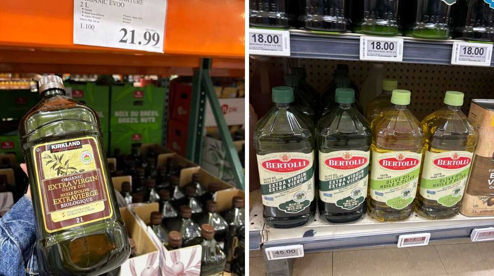 person holding bottle of Kirkland Signature extra virgin olive oil. Right: bottles fo Bertolli extra virgin olive oil at Loblaws.