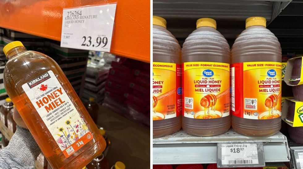 person holding bottle of Kirkland Signature honey. Right: bottles of Great Value honey.