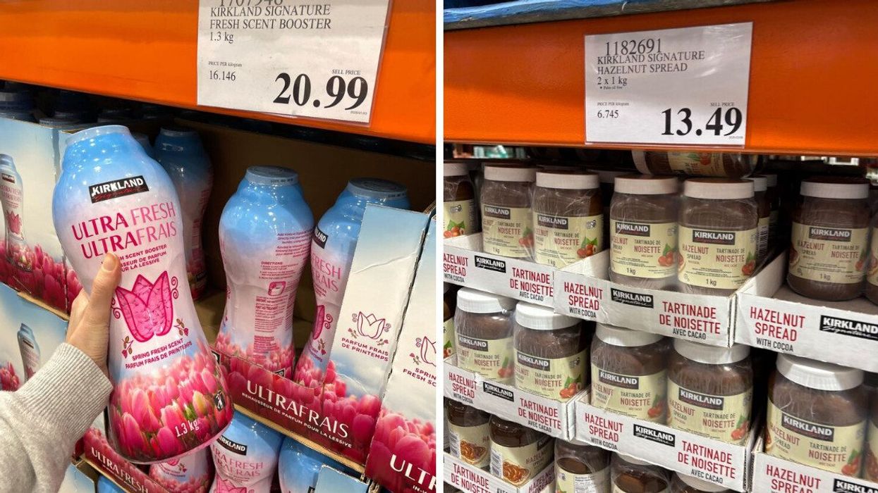 person holding bottle of kirkland signature laundry beads at costco. right: jars of kirkland signature hazelnut spread