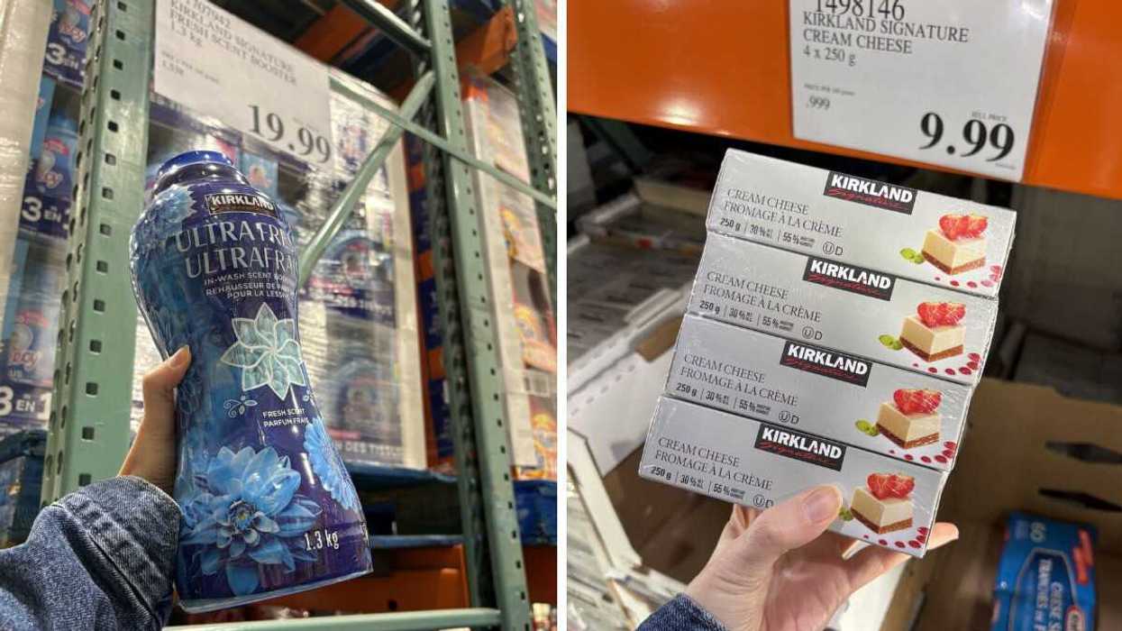 person holding bottle of kirkland signature laundry beads at costco. right: person holding pack of kirkland signature cream cheese at costco