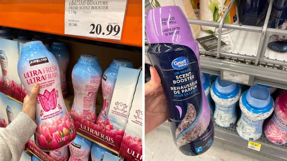 person holding bottle of Kirkland Signature laundry beads. Right: person holding bottle of Great Value laundry beads.