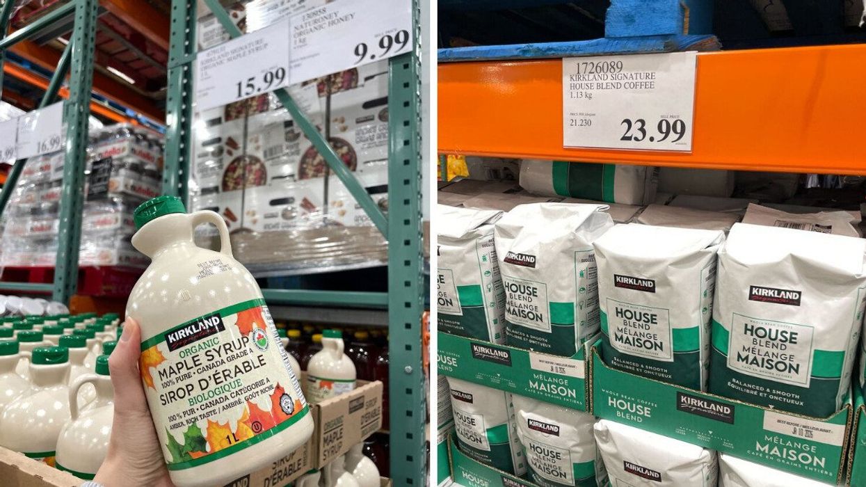 person holding bottle of kirkland signature maple syrup at costco. right: bags of kirkland signature coffee at costco