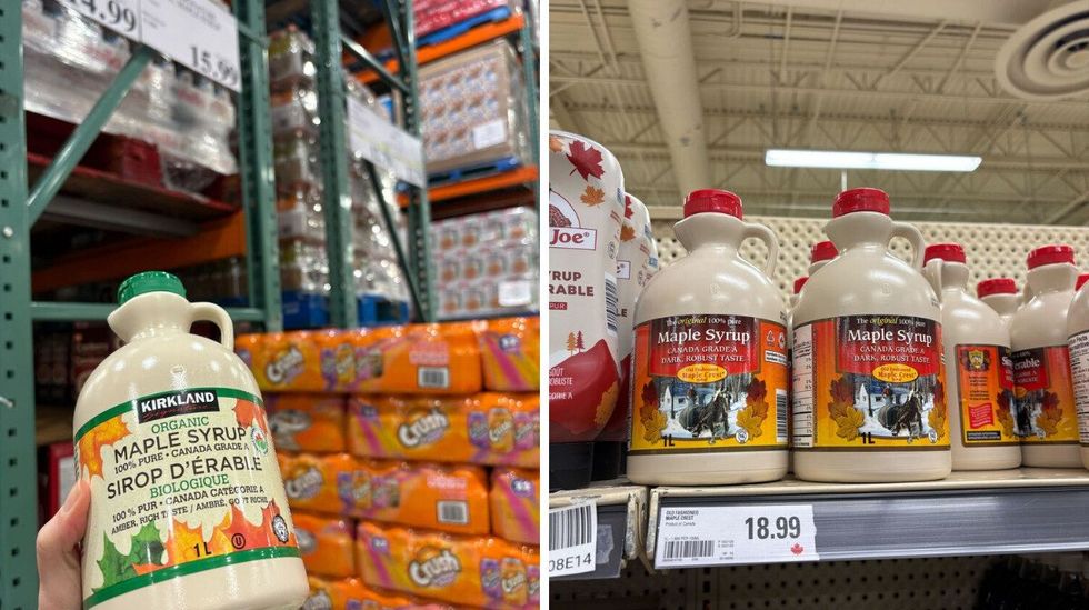 person holding bottle of kirkland signature maple syrup at costco. right: bottles of maple crest maple syrup at loblaws