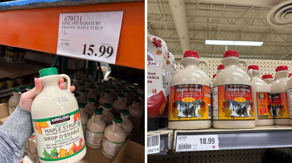 person holding bottle of kirkland signature maple syrup at costco. right: bottles of maple crest maple syrup on shelf at loblaws