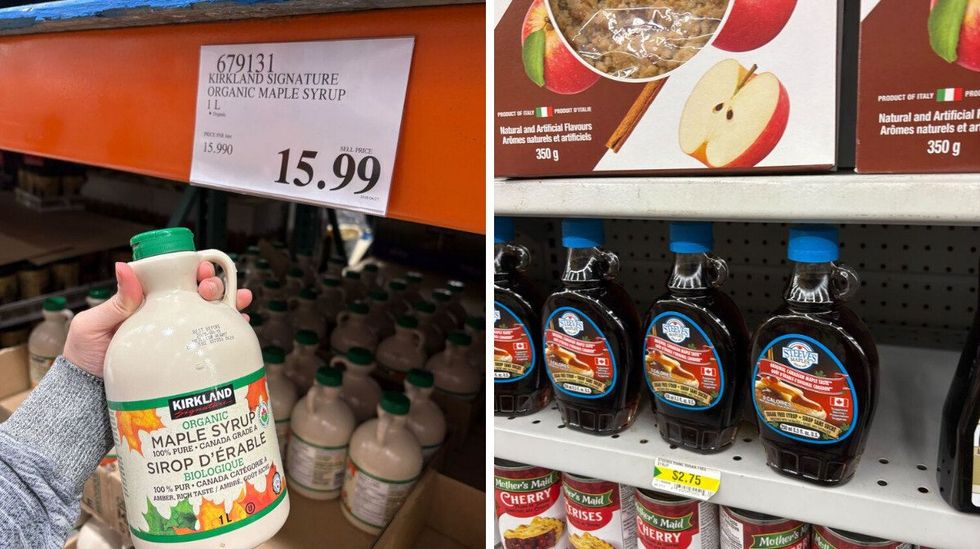 person holding bottle of kirkland signature maple syrup at costco. right: bottles of steeves maple syrup on shelf at dollarama
