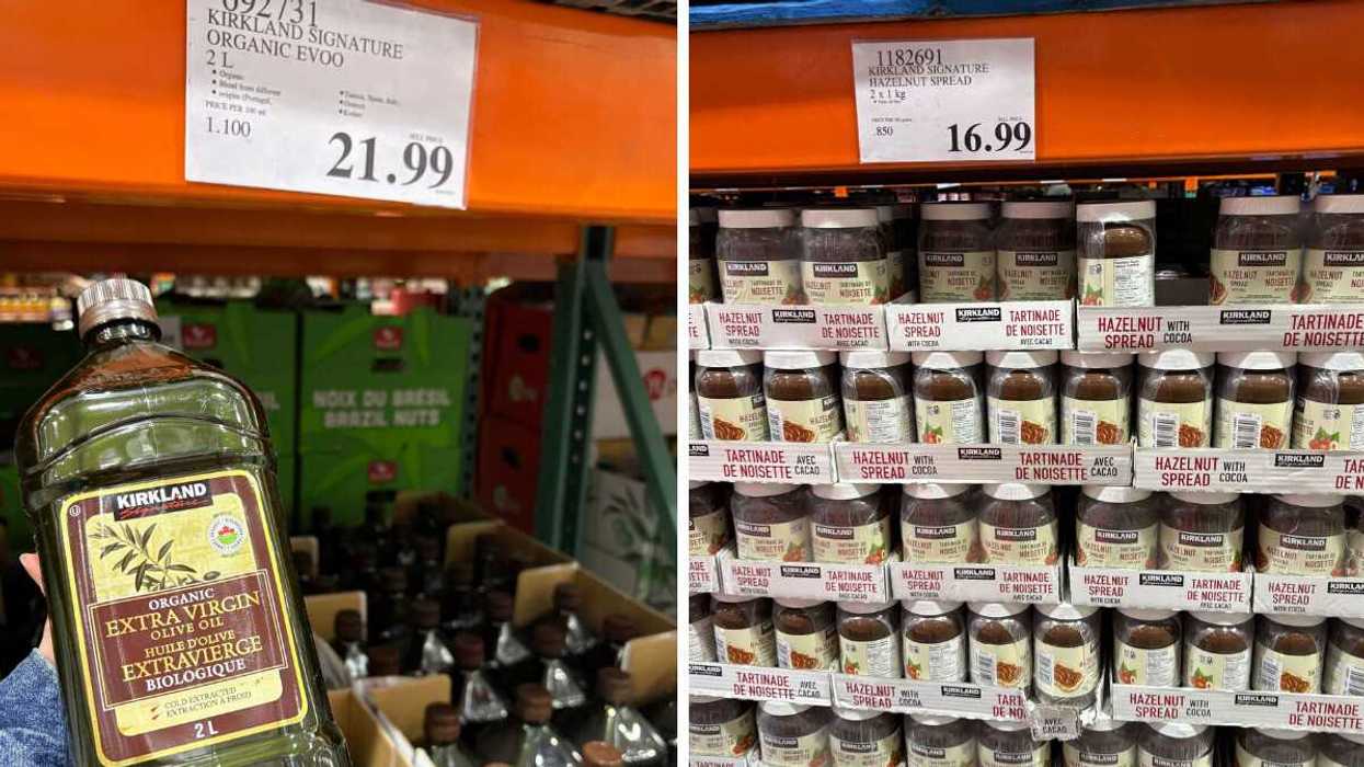 person holding bottle of kirkland signature olive oil at costco. right: jars of kirkland signature hazelnut spread at costco