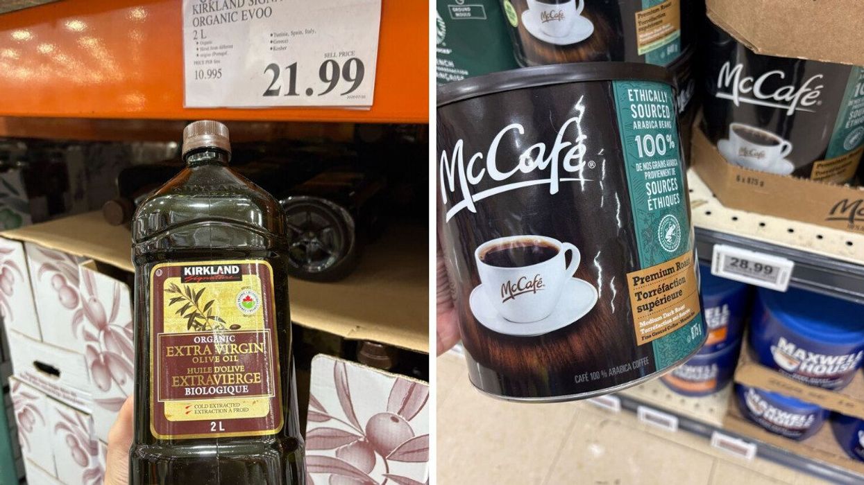 person holding bottle of kirkland signature olive oil at costco. right: person holding canister of mccafe coffee at loblaws