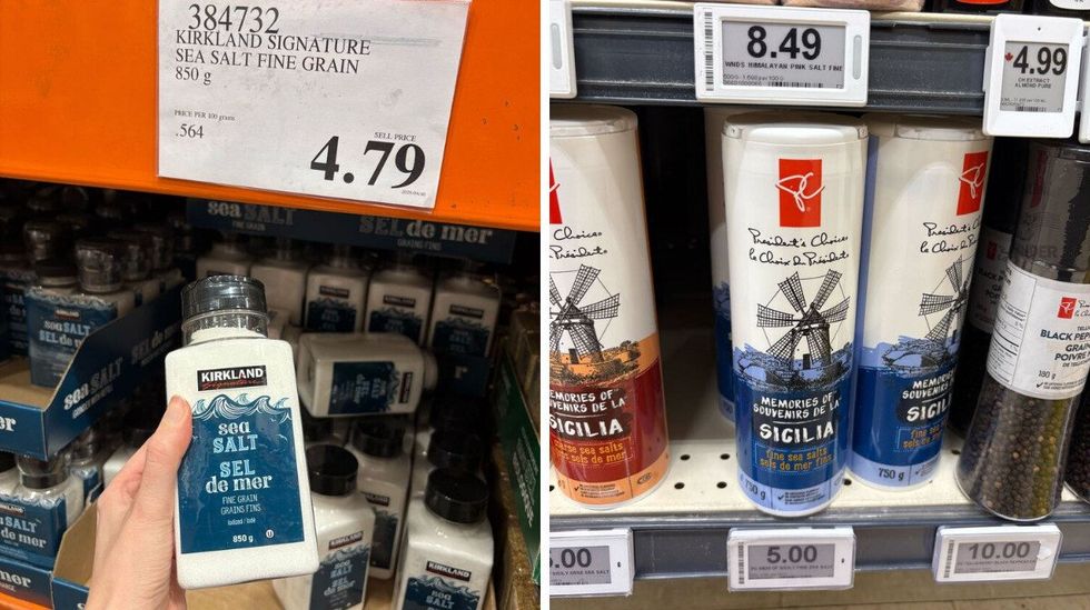person holding bottle of kirkland signature sea salt at costco. right: bottles of president's choice sea salt on shelf at loblaws