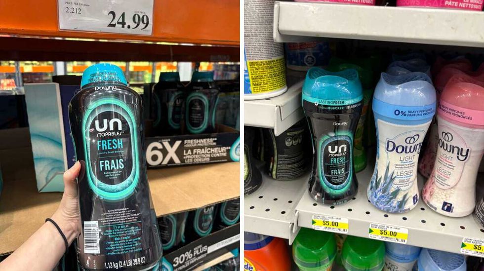person holding bottle of \u200b\u200bDowny Unstopables laundry beads at Costco. Right: bottles Downy laundry beads on shelves at Dollarama
