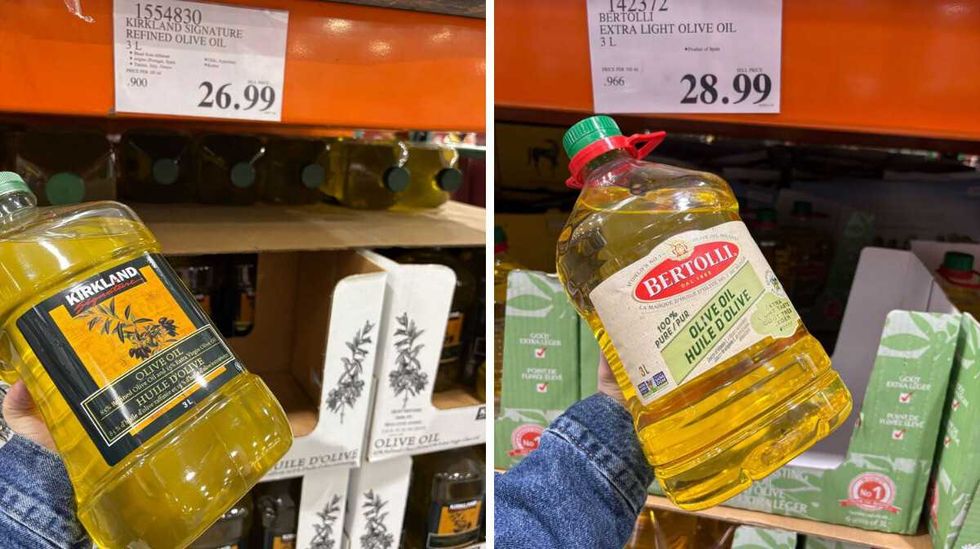person holding bottle of \u200b\u200bKirkland Signature light olive oil. Right: person holding bottle of Bertolli light olive oil.