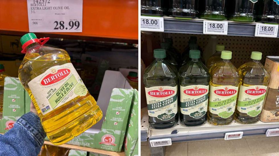 person holding bottle of \u200bBertolli extra light olive oil at Costco. Right: bottles of Bertolli extra light olive oil at Loblaws