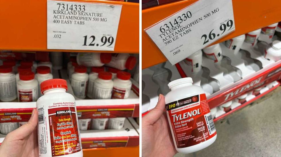person holding bottle of \u200bKirkland Signature 500-milligram extra-strength acetaminophen. Right: person holding bottle of Extra-strength 500-milligram EZ Tylenol at Costco