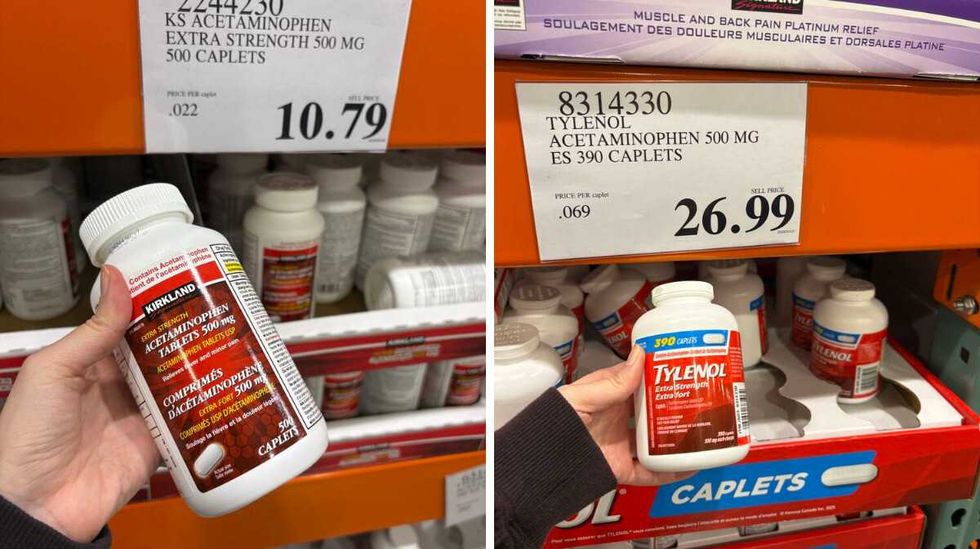 person holding bottle of \u200bKirkland Signature 500-milligram extra-strength acetaminophen. Right: person holding bottle of Tylenol extra-strength 500-milligram caplets at Costco
