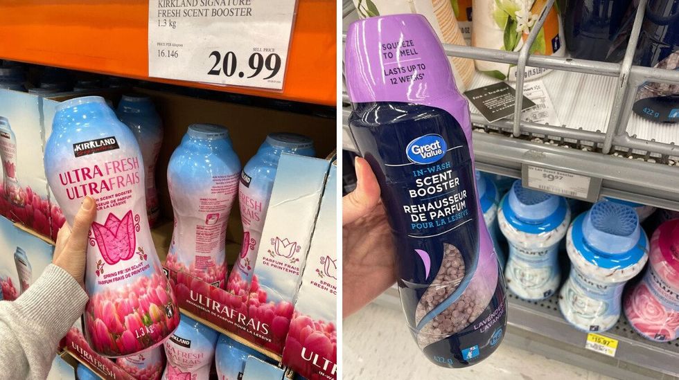 person holding bottle of \u200bKirkland Signature laundry beads. Right: person holding bottle of Great Value laundry beads