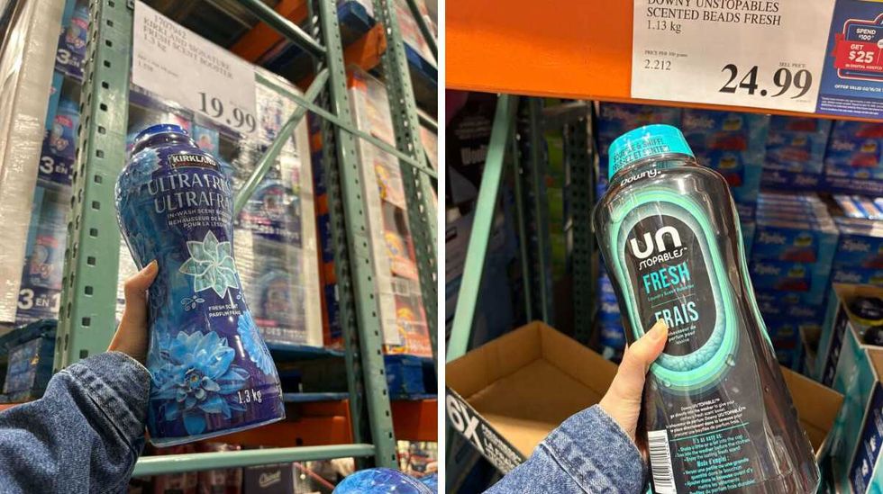 person holding bottle of \u200bKirkland Signature laundry beads. Right: person holding bottle of \u200bDowny Unstopables laundry beads at Costco.
