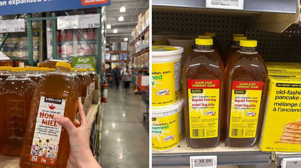 person holding bottle of \u200bKirkland Signature liquid honey. Right: bottles of No Name liquid honey.