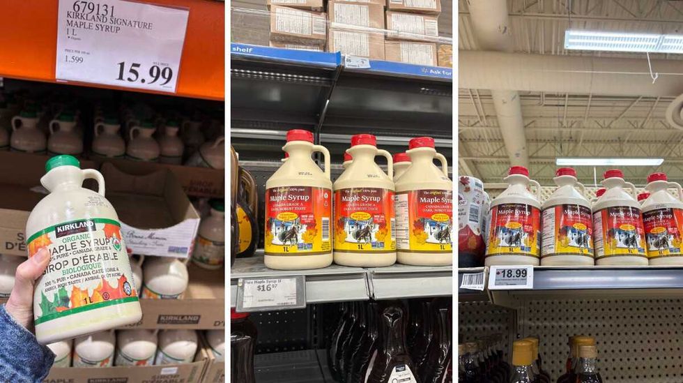 person holding bottle of \u200bKirkland Signature maple syrup at Costco. Centre: Old Fashioned Maple Crest maple syrup at Walmart. Right: Old Fashioned Maple Crest maple syrup at Loblaws.